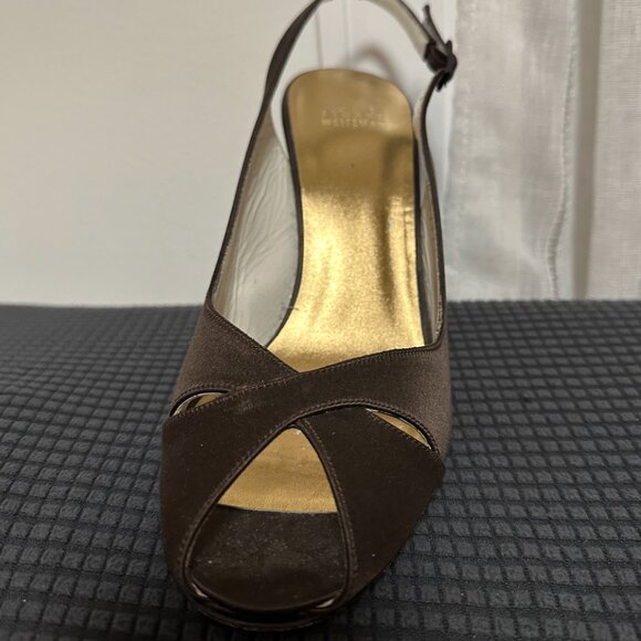 Stuart Weitzman Chocolate Brown Satin Peep-Toe Slingback Heels Size 9 - Picture 13 of 14